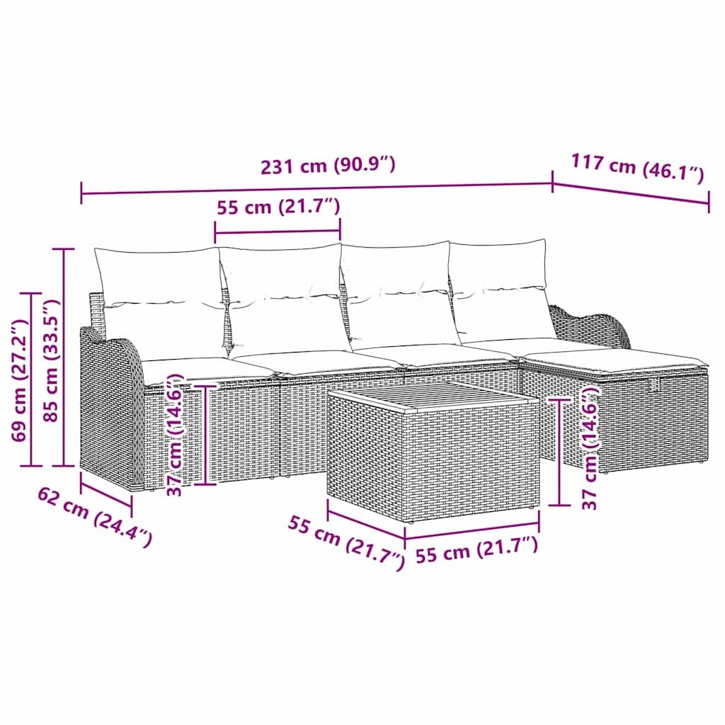 Garten-Sofa-Set mit Kissen 6 pcs Schwarz Poly Rattan